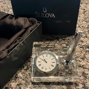 Bulova Crystal Desk Clock Card Holder & Silver Pen Holder